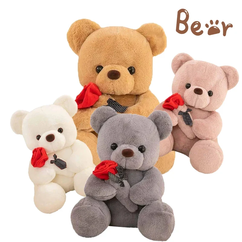 Cute Bear Dolls with Rose Flowers Plush Toys Hug Teddy Bear Gifts for Valentine's Day And Birthdays Girls Simulation Stuffed Toy