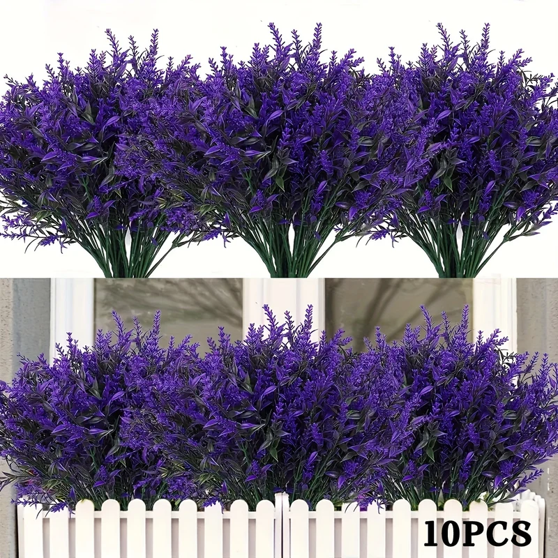 10 Bundle UV Resistant Artificial Lavender Flowers - Fadeless Faux Silk Plants for Outdoor & Indoor - Durable Hanging Planter Decor, Perfect for Garden, Porch, Window Box, Home, Kitchen, Office, and Wedding