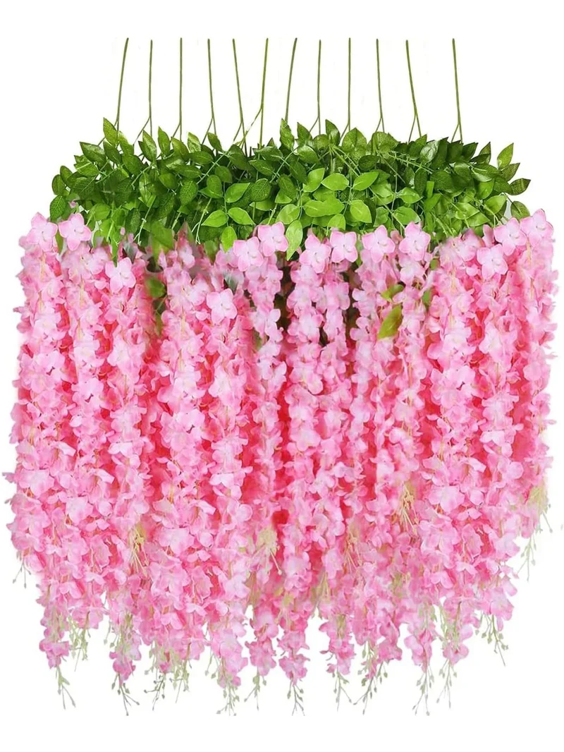 12pcs Wisteria Artificial Fake Flower Bushy Vine Ratta Hanging Garland For Wedding Home Wall Decor Pink