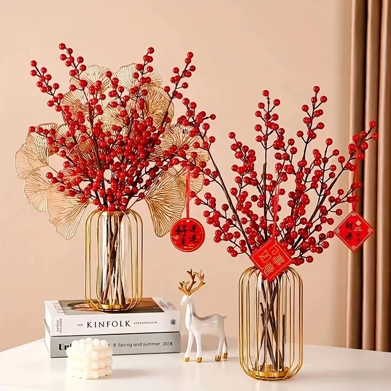 12pcs 8.46 Inch Artificial Red Berry Stems for Home Decor, Weddings, DIY Crafts, and Chinese New Year's Decorations