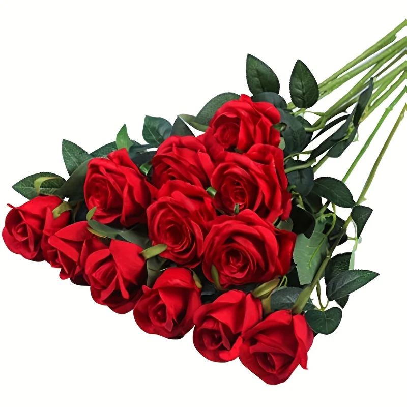 12pcs Realistic Artificial Rose Bouquet for Weddings, Birthdays, and More - Long Stem Roses for Floral Arrangements and Home Decor - Perfect Gift for Valentine's Day, Mother's Day, and Birthdays