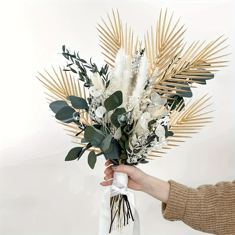 6pcs Golden Artificial Palm Leaves, 17" Fake Tropical Plant Faux Flowers For Indoor Outdoor Home Table Centerpiece Vase Filler Wedding Birthday Party Halloween Gift