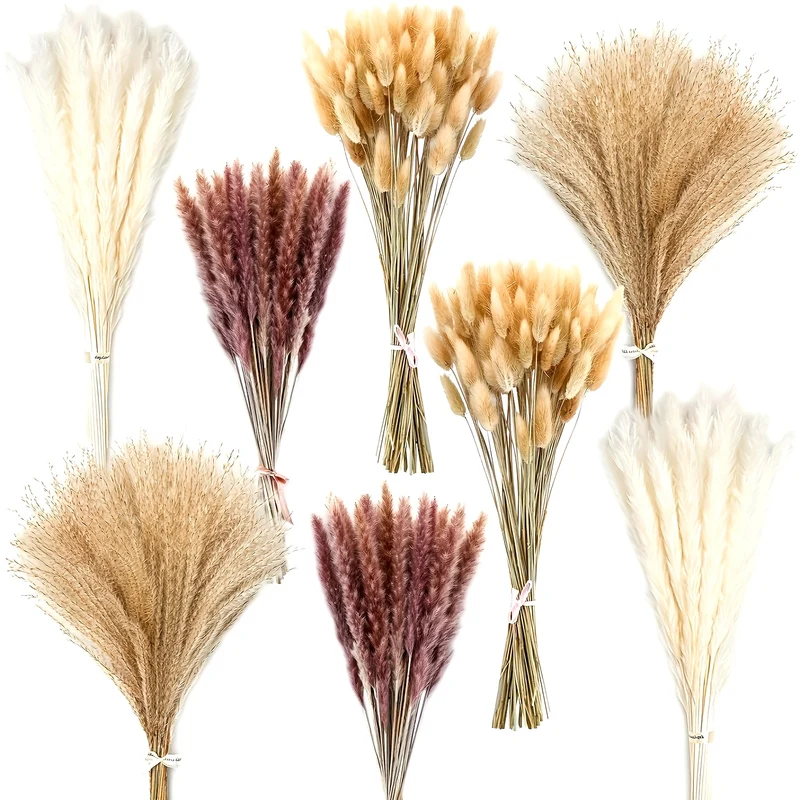 200pcs Artificial Pampas Grass Bundle - Includes 50 Decorations, 30 Natural Dried Feather Grass, 120 Natural Rabbit Tail Grass for Bohemian Table, Country Parties, Shower Decor, Wedding Party, and Home Decor