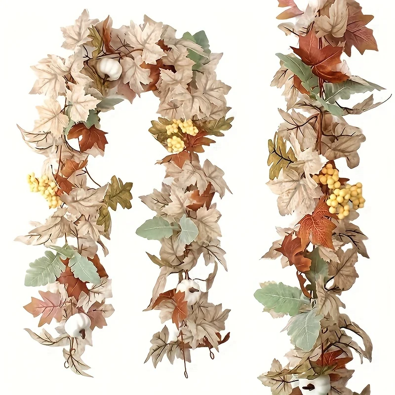 1pc, Fall Pumpkin Garland, 71.1 Inch Artificial Maple Leaf Pumpkin Berry Rattan Wreath With Pumpkins Maple Leaves Wreath For Wedding Thanksgiving Table Farmhouse Decor