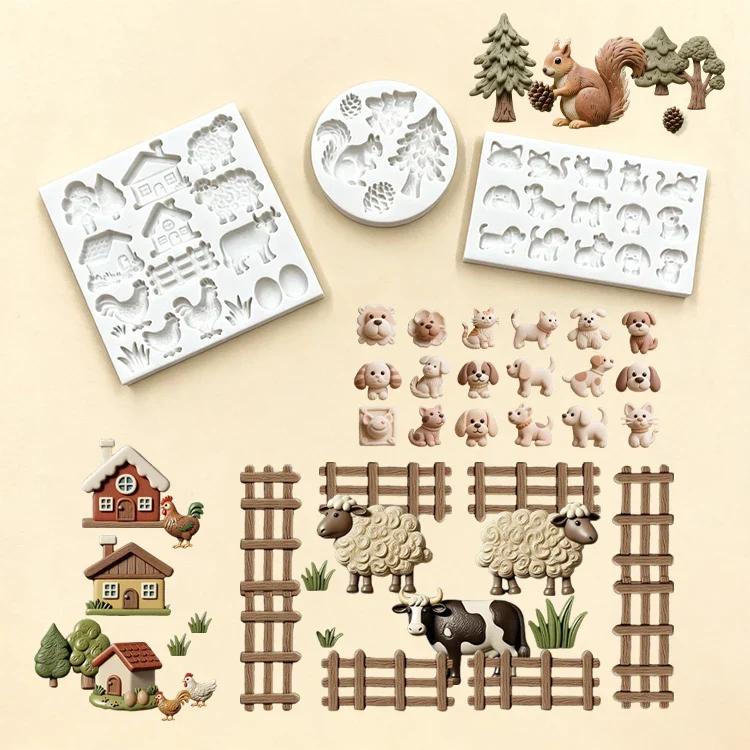 Farm House Animals Silicone Molds Squirrels Cats Dogs Chickens Cattle Sheep Diy Baking Tools Cake Decoration Accessories