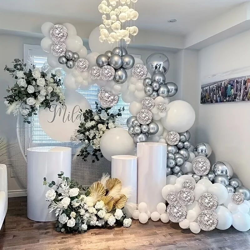 147pcs, 5/10/12/18 Inch White Silvery Confetti Latex Balloon Arch Garland For Baby Shower Birthday Party Bridal Wedding Decorations