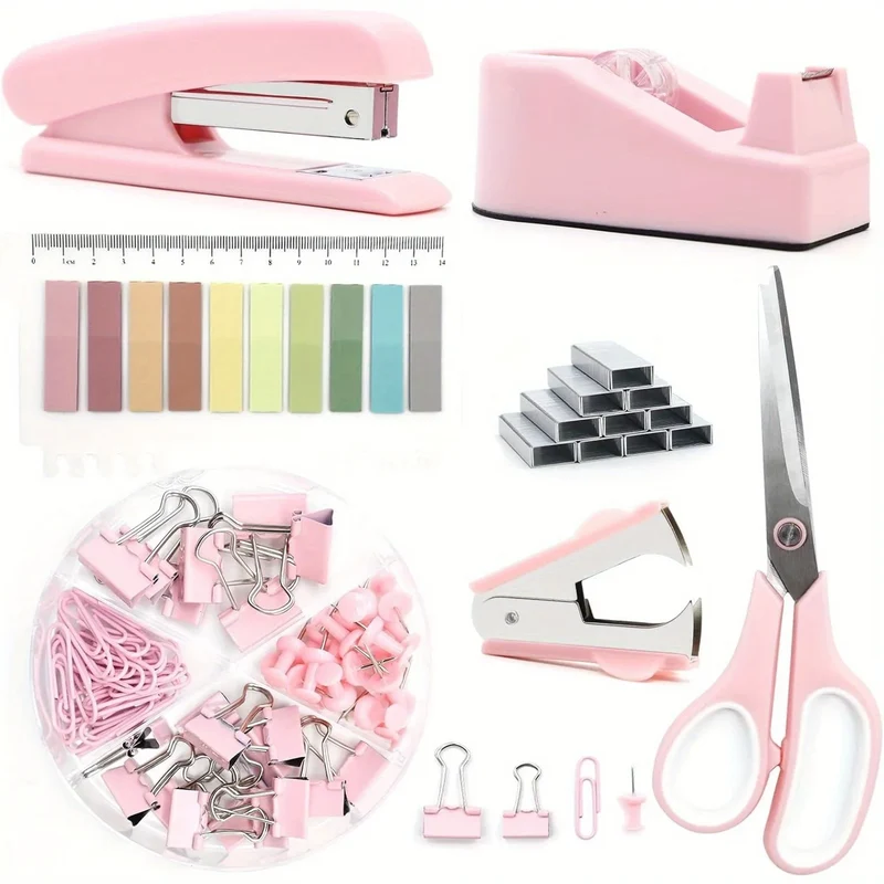 Pink Desktop Office Stationery Set with Suit Stapler Scissors Tape Stapler Supply Stock Available