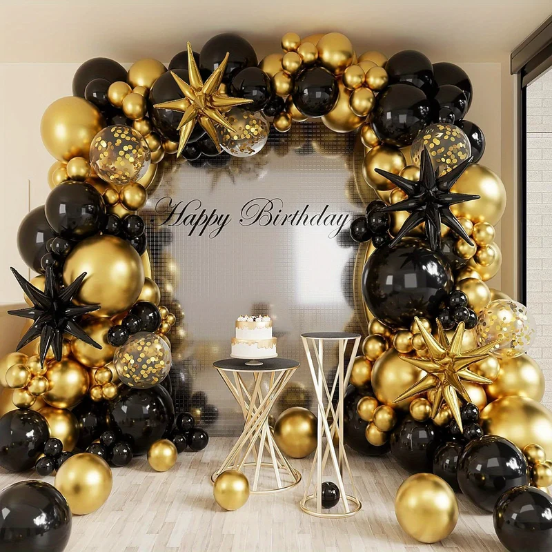 147/112pcs Luxe Balloon Arch Kit - Black, Golden & Silvery with Exploding Star Foil & Glitter Accents for Birthdays, Weddings, Anniversaries & Graduations - Versatile Indoor/Outdoor Party Decor