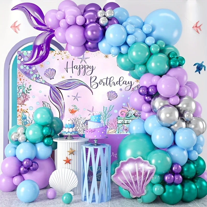 109pcs Mermaid Themed Background Cloth Balloon Tablecloth Set, Purple Mermaid Balloon Set, Mermaid Tail Balloons Arch Kit With Background Banner, Birthday Decorations Baby Shower Event And Party Supplies