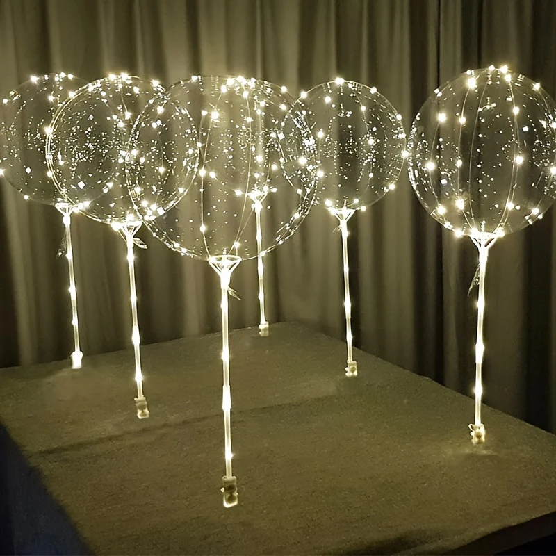 18pcs LED Luminous Light String Bobo Balls, Transparent Balloon With Balloon Trolley, Without Battery, Party Birthday Wedding Christmas Gift, Decoration Photo Props (Cold White) Eid Al-Adha Mubarak