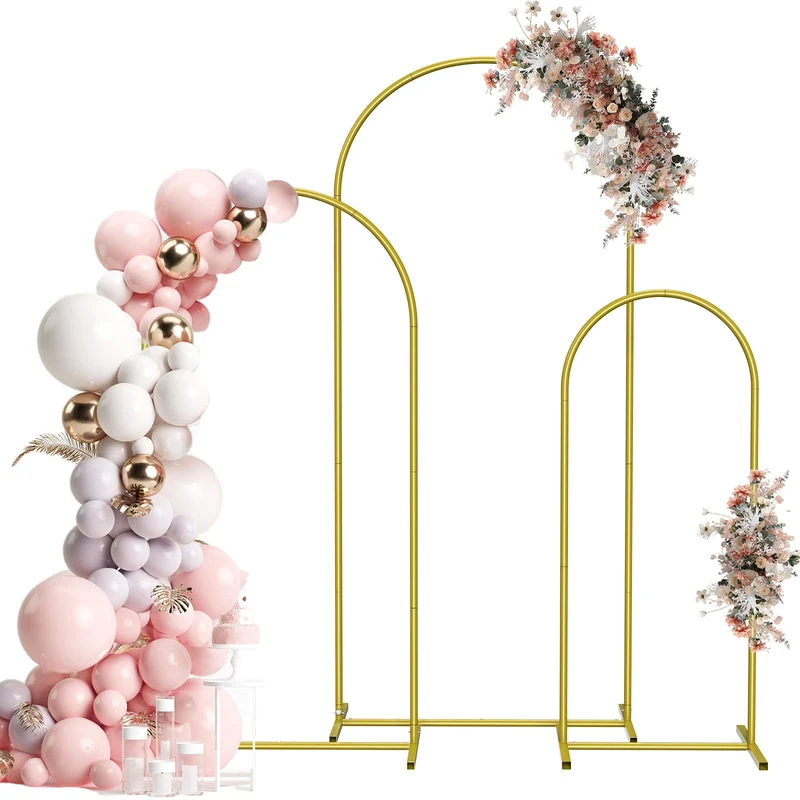 Set of 3 Metal Arch Backdrop Stand Kit, Freestanding Balloon Arch Frames, 6FT, 5FT, 4FT, for Wedding, Photo Booth, Party, Anniversary, Bridal Shower, Outdoor Decorations, Golden