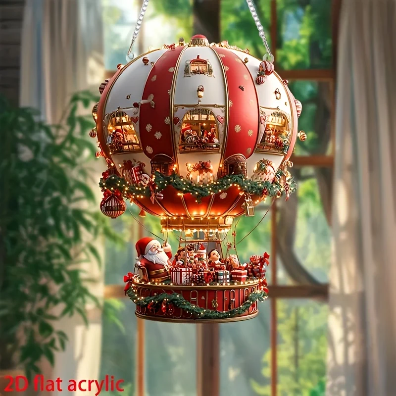 1pc Bohemian Style Christmas Hot Air Balloon with Santa Acrylic Hanging Ornament, Wall Decor for Bedroom & Living Room, Home & Kitchen Festive Decor, Multi-Purpose Christmas Creative Gift