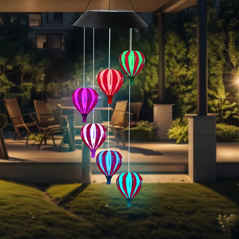 Solar-Powered Hot Air Balloon Wind Chime Light - Colorful, Wrought Iron Outdoor Decor for Garden, Patio, Parties & Festivals