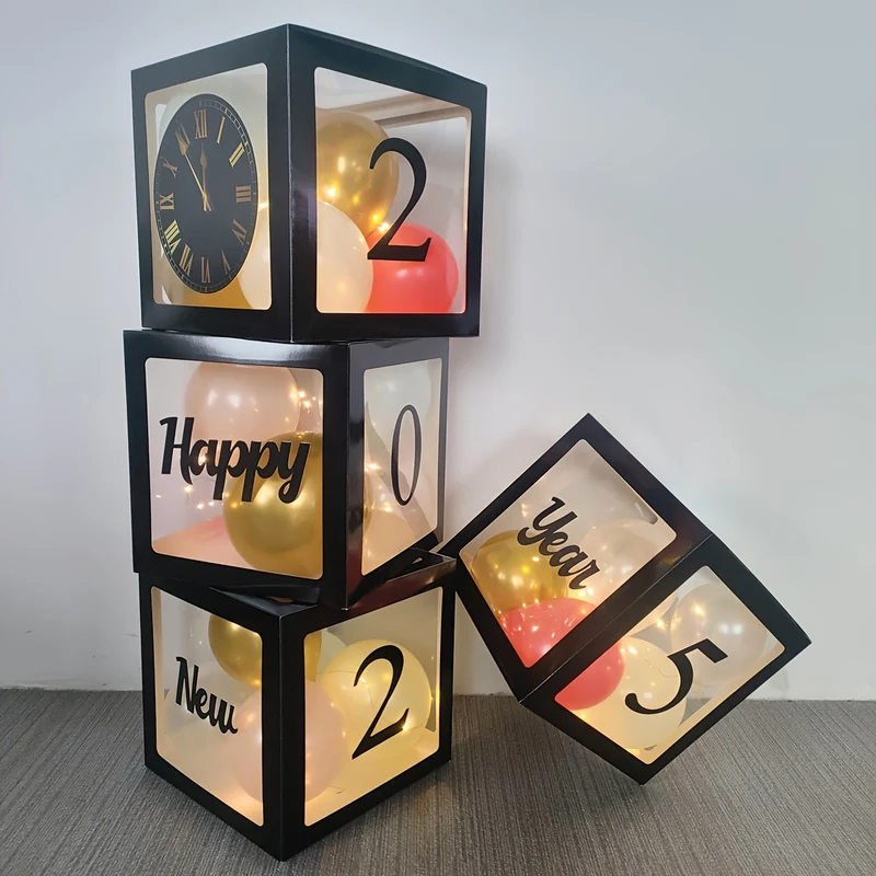 Happy New Year Party Decoration Set 2025 - Black Party Balloon Box - New Year'S Eve Party Scene Photo Decoration Props - For Festive Celebrations - Perfect Gift for Party Lovers