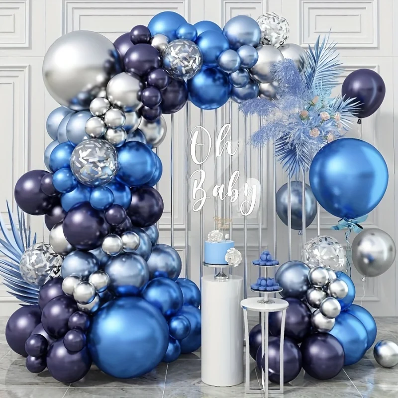 94pcs blue and Silvery balloon arch kit, navy blue, dark blue, and Silvery balloon flower wreath with metallic royal blue, light blue, and Silvery confetti party balloons for birthdays, weddings, graduations, and party decora