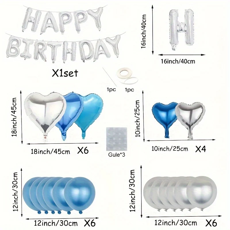 31 Balloons + Accessories Happy Birthday Blue Silver Aluminum Film Helium Letter Balloon Birthday Party Balloon Decoration Arrangement Christmas Halloween Gift