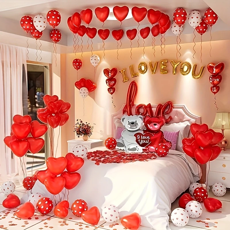 1000pcs Red Heart-shaped Printed Balloon I Love You Balloon Banner With Red Rose Petals And Bear Hug Balloon For Valentine'S Day Engagement Proposal And Easter Gift