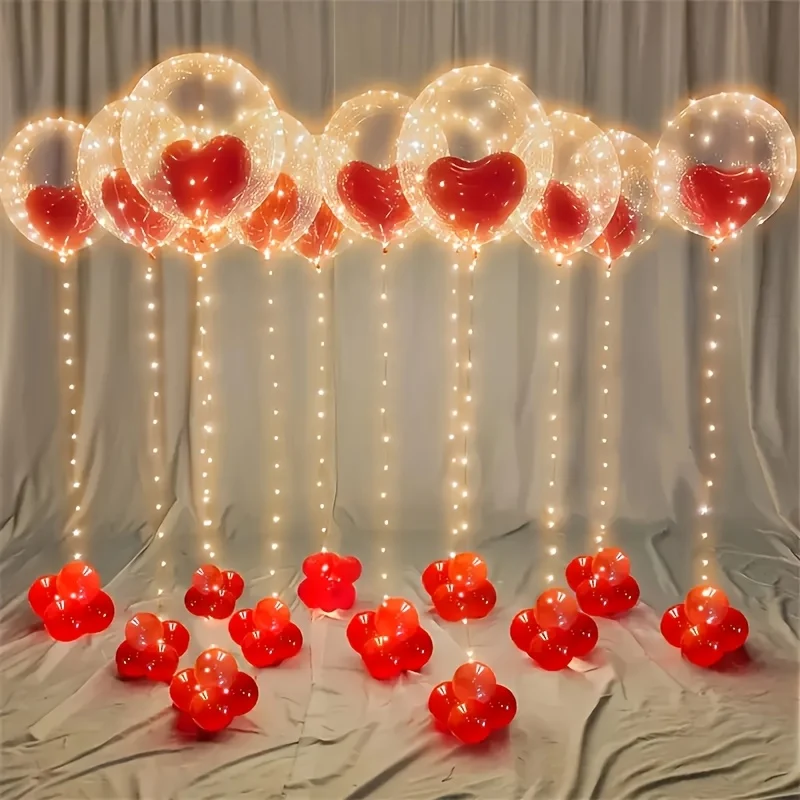 KADUOS 35pcs LED Balloon Kit, Red Heart-Shaped Balloons with Yellow LED Lights, 5 Bobo Balls & 25 Latex Balloons, Perfect for Birthday, Wedding, Proposal & Anniversary, Indoor & Outdoor Decor, Plastic, Batteries Not Included