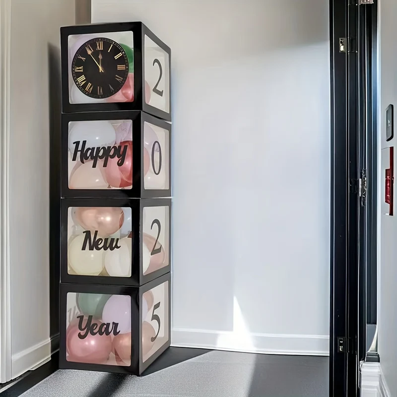 2025 Happy New Year Balloon Box - Black Surprise Party Decor, Photo Prop, No-Power Needed, Home Kitchen Party Supplies - Festive Holiday Gift Box - Perfect for New Year's Eve Parties & Celebrations