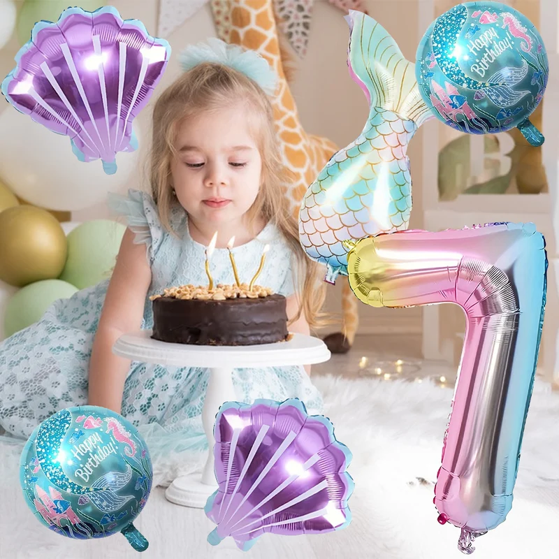 6pcs Ocean-Themed Birthday Balloon Set - Large Number 1-7 with Mermaid Tails & Seashells, Colorful Aluminum Foil, Perfect for Sea Creature Party Decorations