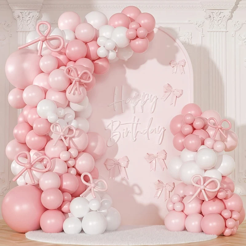 [145pcs Pink Bow Balloon Arch Kit] 145pcs, Etiquette Birthday Decoration Etiquette Bow Pink and White Balloon Arch Kit, Including Bow Balloon Light Pink White Bow Balloon, Used for Pink Bow Birthday Party