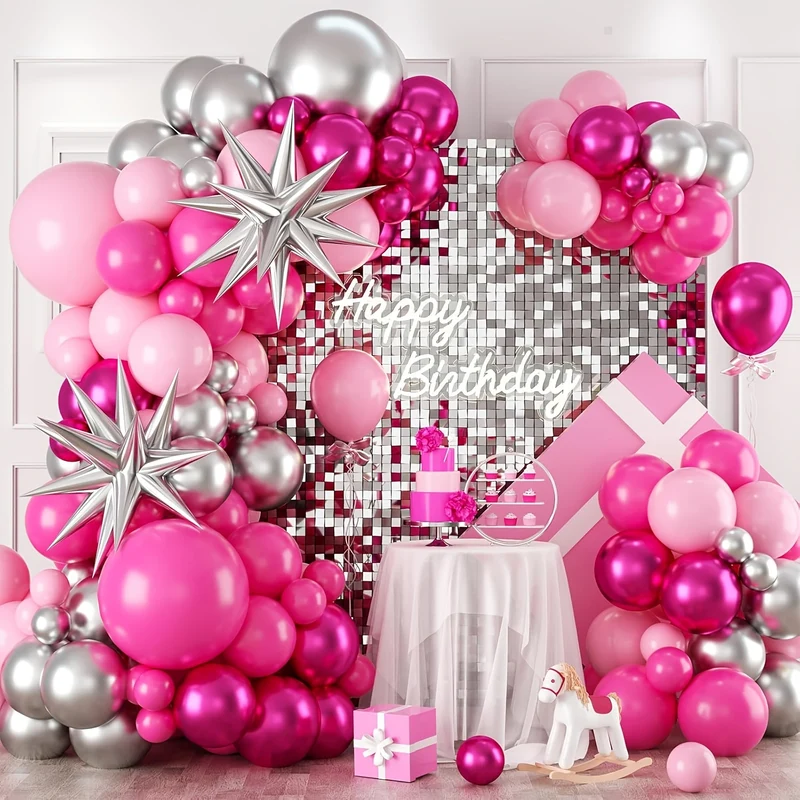 117pcs Pink & Silvery Balloon Arch Kit - Includes Pastel, Hot Pink & 4D Star Balloons for Princess Parties, Birthdays, Showers, Anniversaries, Weddings & Valentine's Day Decorations