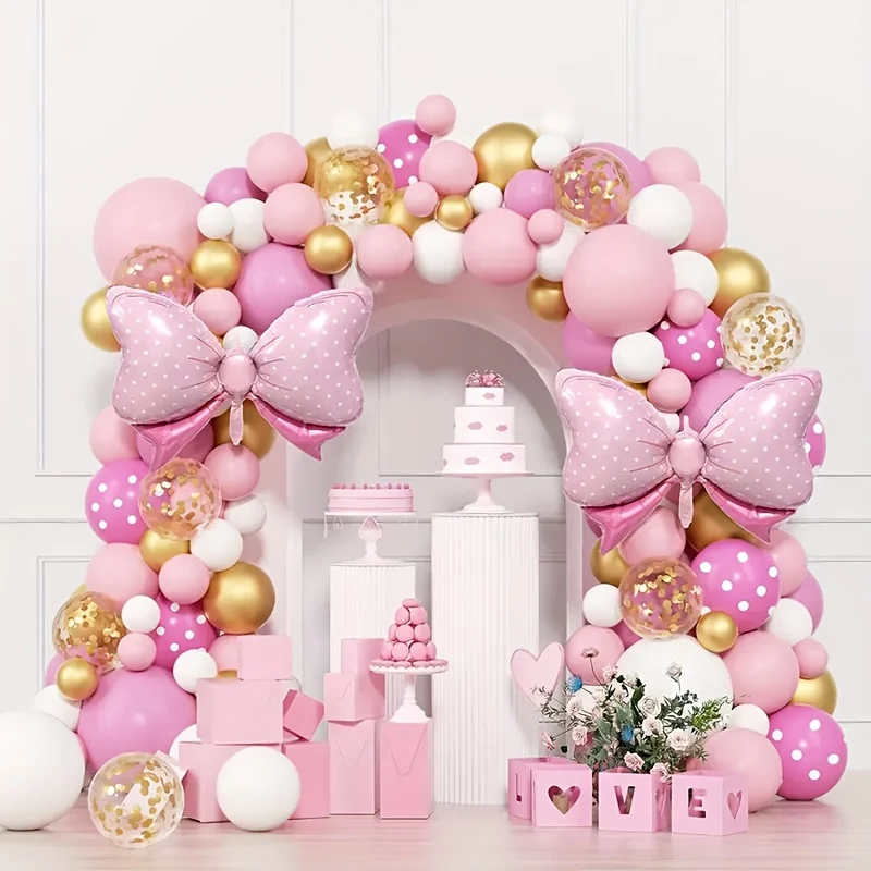 Pink Balloon Arch Set, Pink Bow, Metallic Golden Sequin Balloon, Polka Dot Balloon, 124pcs, for Proposal, Wedding Decoration, Baptism Shower Ceremony, Holiday Celebration, Birthday Party Decoration, Etc. Helloween Christmas