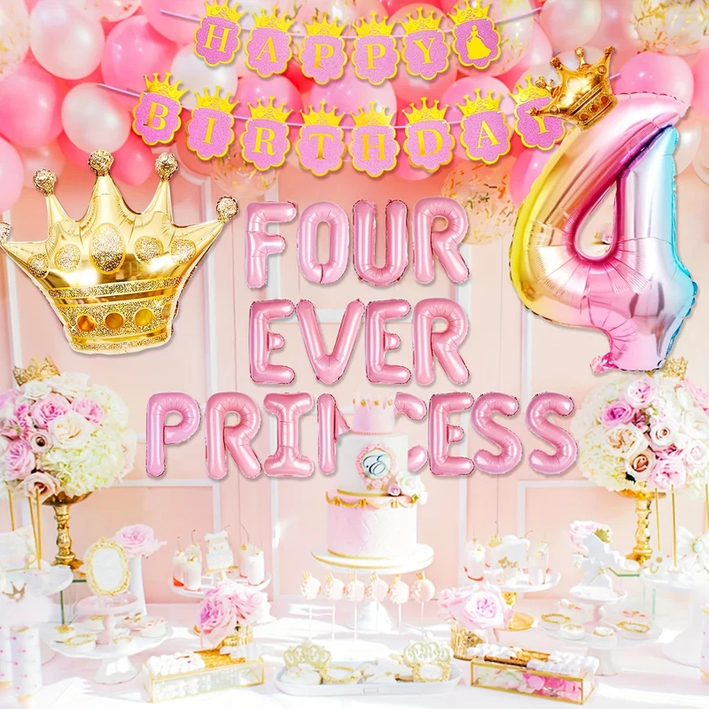 JeVenis 22pcs Four Ever A Princess Birthday Decorations Pink Golden Princess Castles Balloon Garland Crown Number 4 Foil Balloons Banner For 4 Years Old Birthday Party Decor Supplies