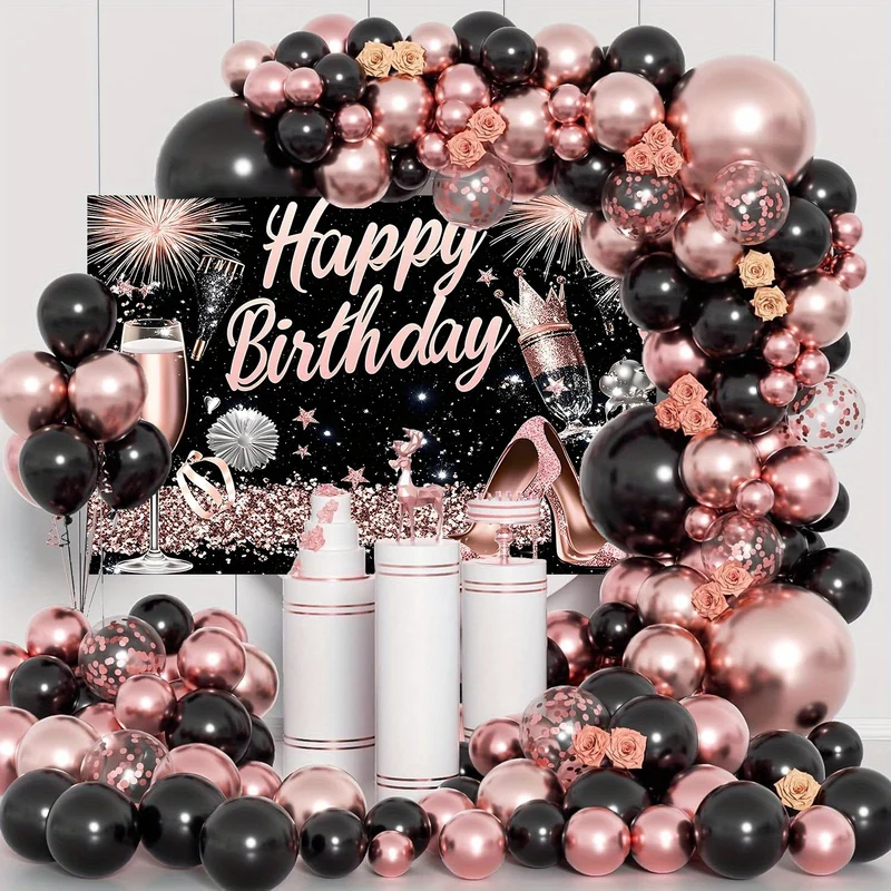 Rose Golden and Black 110pcs Balloon Arch Kit with "Happy Birthday" Backdrop, Metallic Rose Golden & Black Balloons in 18, 12, 10, 5 Inch Sizes for Birthday Party Bridal Shower Wedding Anniversary Decoration Halloween&Christm