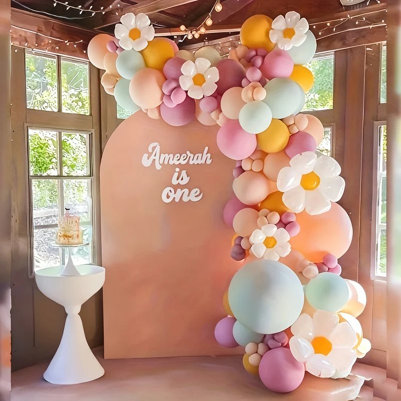 140pcs Daisy Balloon Garland Arch Kit, Groovy Balloon Arch Kit With Daisy Flower Macaron Purple Green Nude Yellow Balloons For Boho Daisy Theme Birthday Wedding Party Decorations