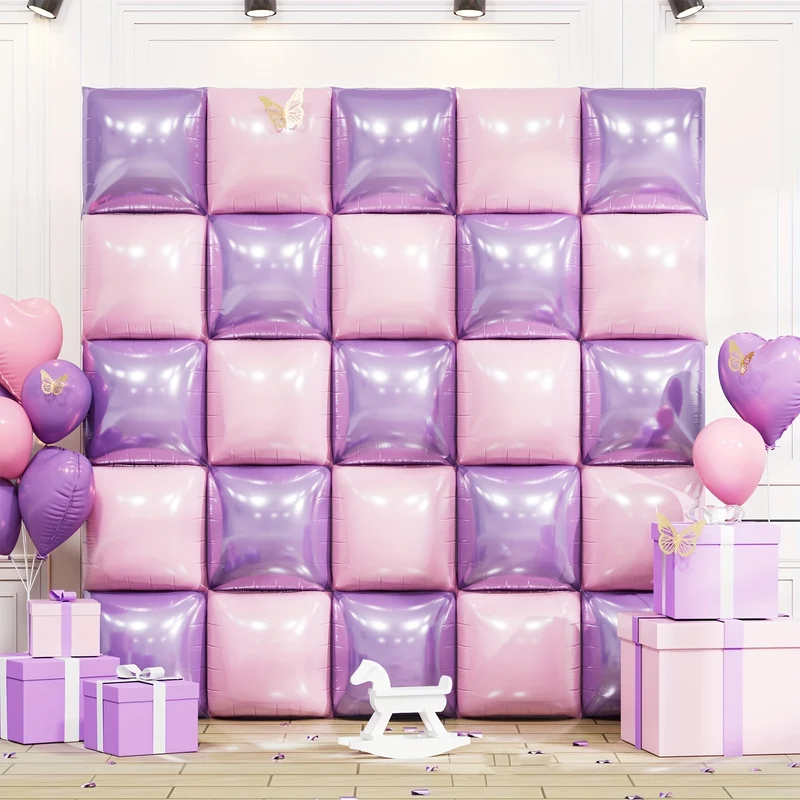 27 Pack, Pink And Purple Square Foil Balloon Wall, 19 Inch Double Sided Chrome Square Balloon Kit For Butterfly Theme Party, Party, Wedding And Princess Birthday Decoration.