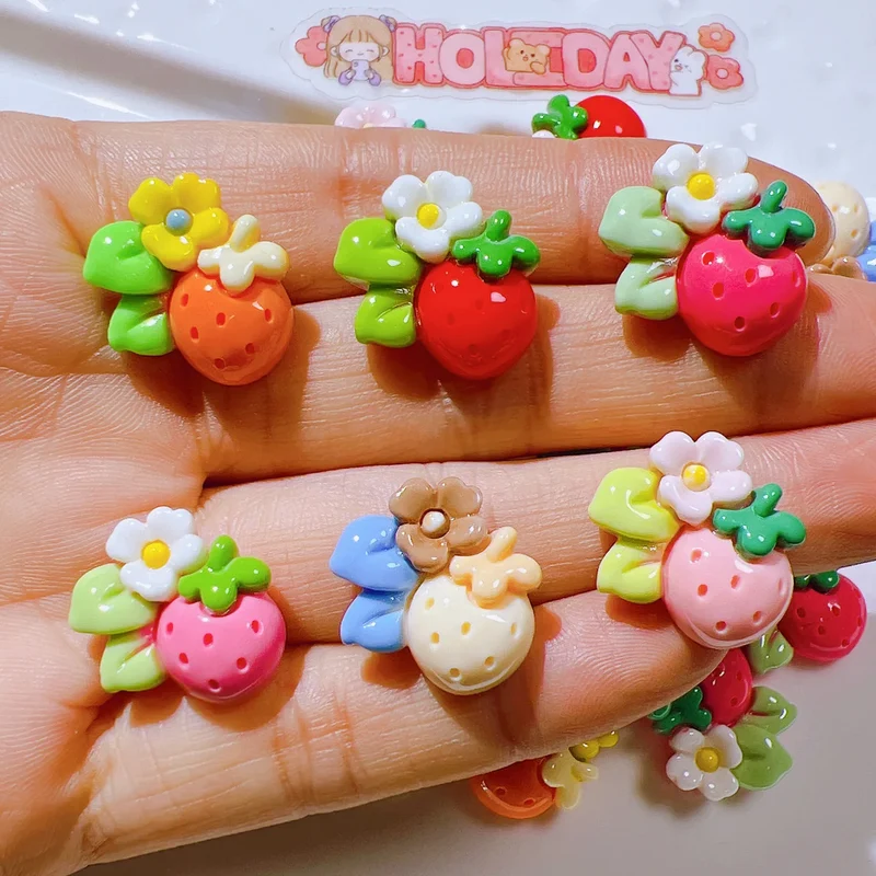 100Pcs Mini Resin Flower Strawberry Flatback Cabochons for Hair Bows Center Scrapbook Nail Crafts Jewelry Making Accessories