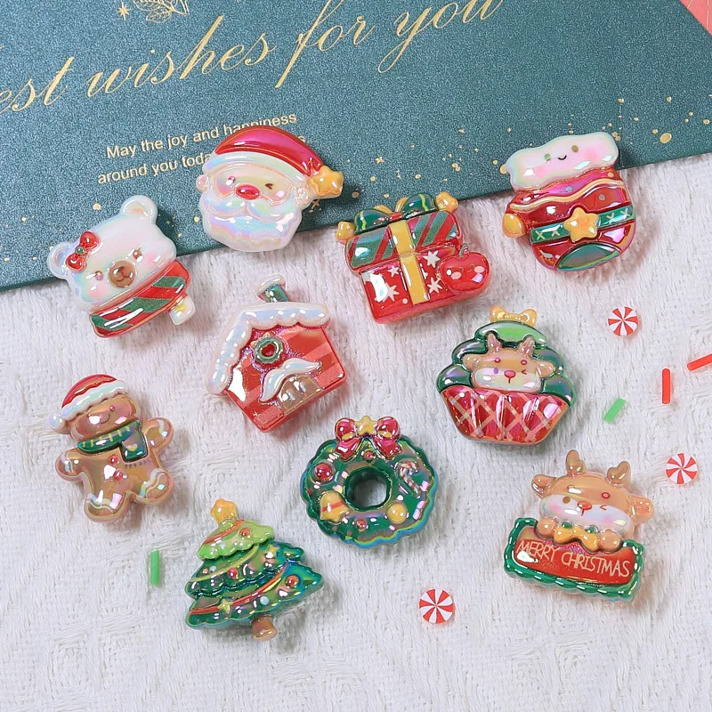 100Pcs Electroplate Shiny Christmas Elk Bear Tree Flat Back Resin Cabochon Scrapbook for Phone Case Art Decoration Accessories
