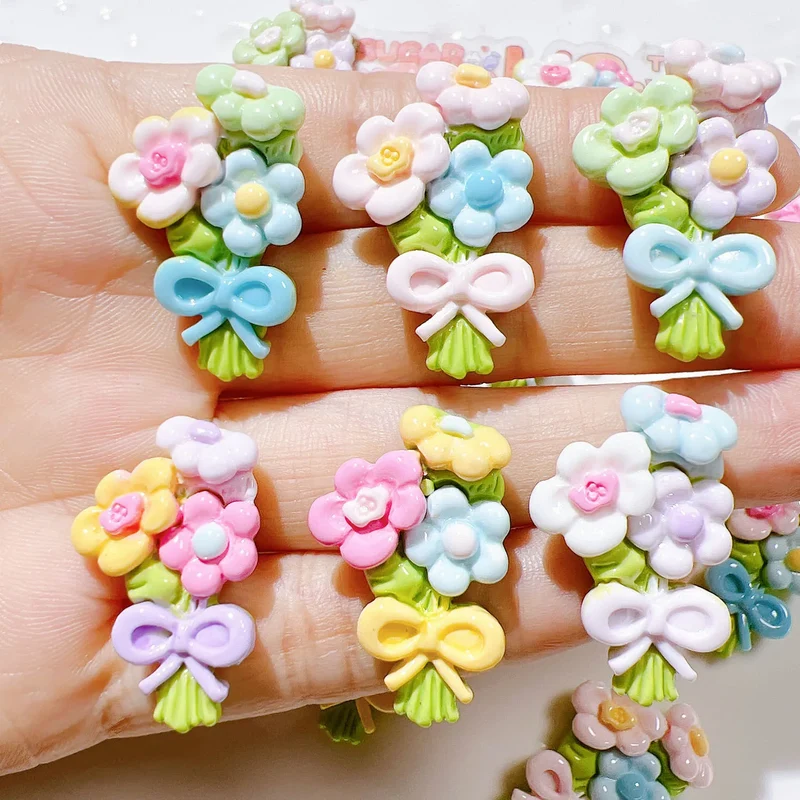 100pcs/bag Colorful Resin Flowers With Bow Flatback Cabochon Embellishment Craft DIY Scrapbook Decoration Headwear Accessories