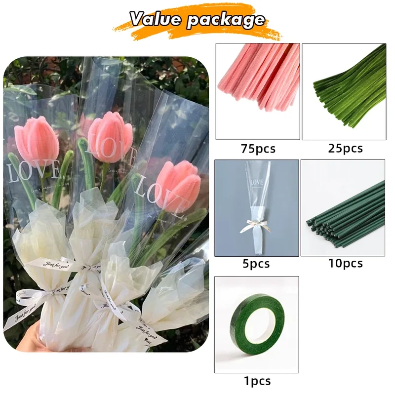 Chenille Stems Flower Craft Kit , 100pcs Pipe Cleaners for Craft, DIY Art Creative Crafts for Weddings Birthday Party Gifts