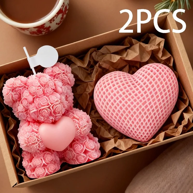 4 Style 2pcs Set Valentine's Day Teddy Bear Silicone Candle Mold Romantic Rose Heart Flower Gypsum Soap Making Tool DIY Souvenir