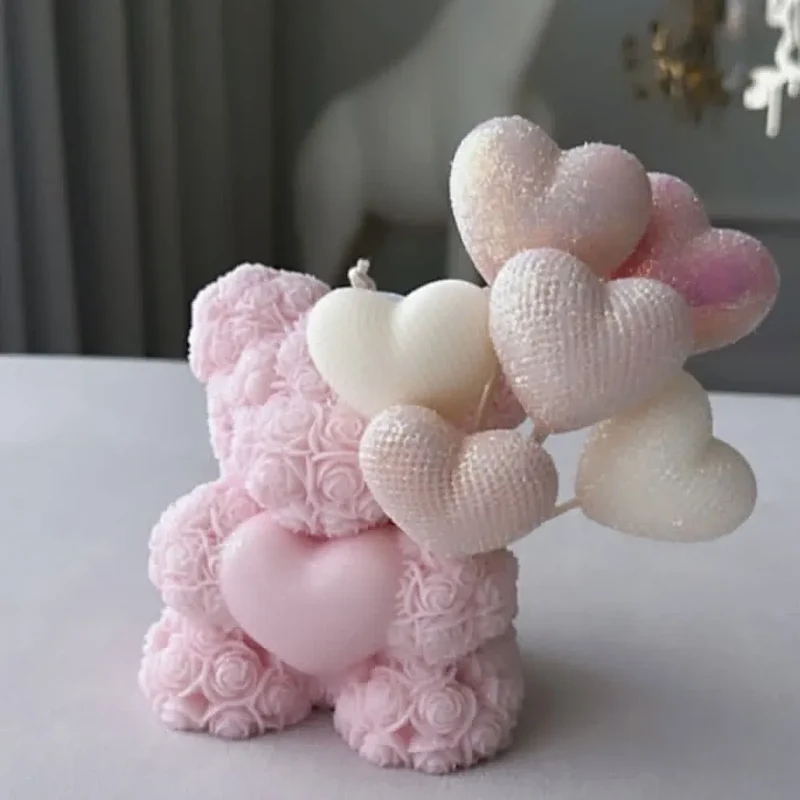 Love Rose Bear Scent Candle Silicone Mold Relief Flower Teddy Braid Heart Resin Ceramic Making Candlelight Decor DIY Bride Gifts