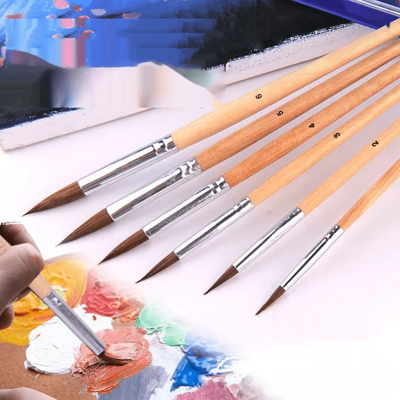 6pcs/Set,weasel hair circular head short wood rod brush watercolor brush painting pen acrylic oil painting brush art supplies
