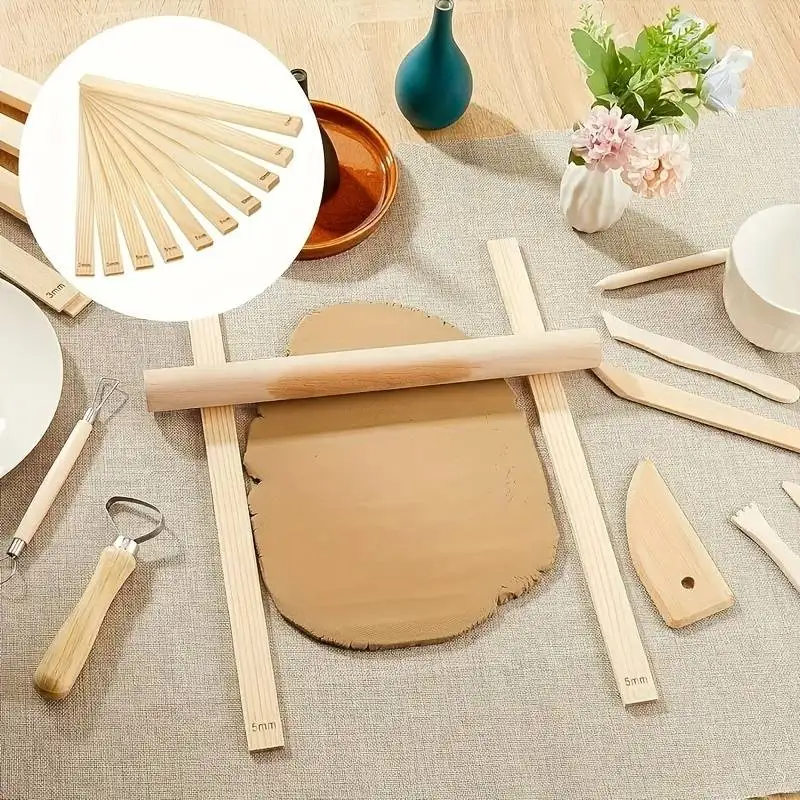 8PCS Wooden Slab Rolling Guides Set - 3mm/5mm/7mm/10mm Clay Roller Rails for Ceramic & Polymer Crafting - Light Beige Cork Mater