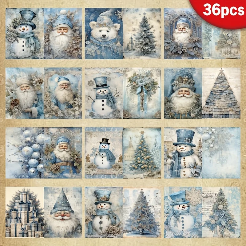 36-Sheet A5 Blue Christmas Scrapbook Paper Set - Dwarf & Snowman Designs for DIY Greeting Cards, Bullet Journals & Crafting Supplies