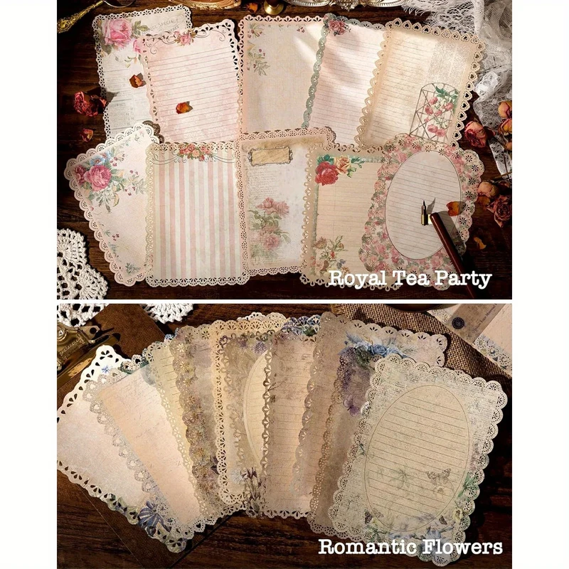60 Sheets Lace Edged Scrapbook Stationery Paper Assorted Set - 6pcs Vintage Paper for Letter Writing Scrapbooking Embellishments Plan Journal Supplies Collage Background 4.9x6.9 Inch