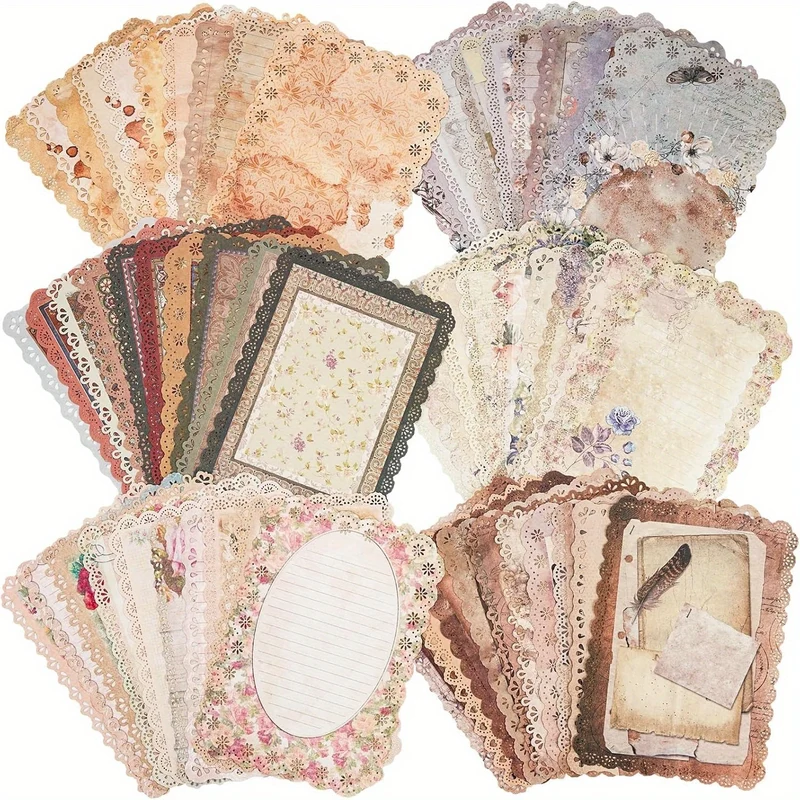 60 Sheets Lace Edged Scrapbook Stationery Paper Assorted Set - 6 Pack Vintage Paper for Letter Writing Scrapbooking Embellishments Planner Bullet Junk Journal Supplies Collage Background 4.9x6.9 Inch