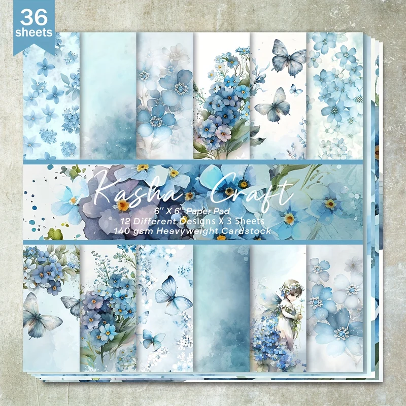 36 Sheets 6Inch (Light Blue Flowers Butterfly Girl Background) Scrapbook Paper for Bullet Journals Grunge Journals Greeting Cards Backgrounds Albums And Crafts