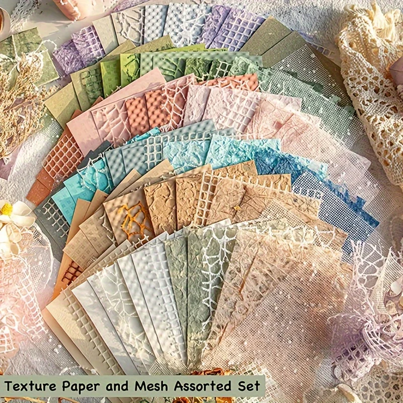1 set 96 Sheets of Textured Scrapbook Paper and Mesh Bric-a-Brac Set, 6pcs Mixed Specialty Papers, Suitable for Scrapbooking Supplies, Garbage Diary Stickers, Collage Card Decorations