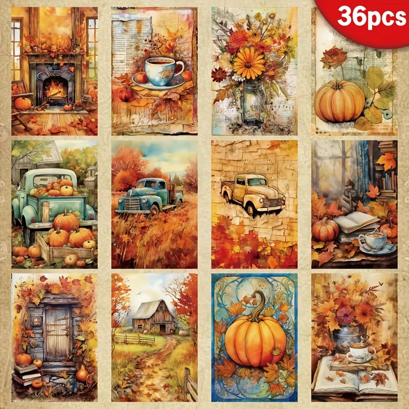 36-Pack A5 Thanksgiving Scrapbook Paper, Uncoated Recyclable Vintage Autumn Crafting Paper - Pumpkins, Leaves, Trucks Designs for DIY Cards, Journals, Crafts & Decorations