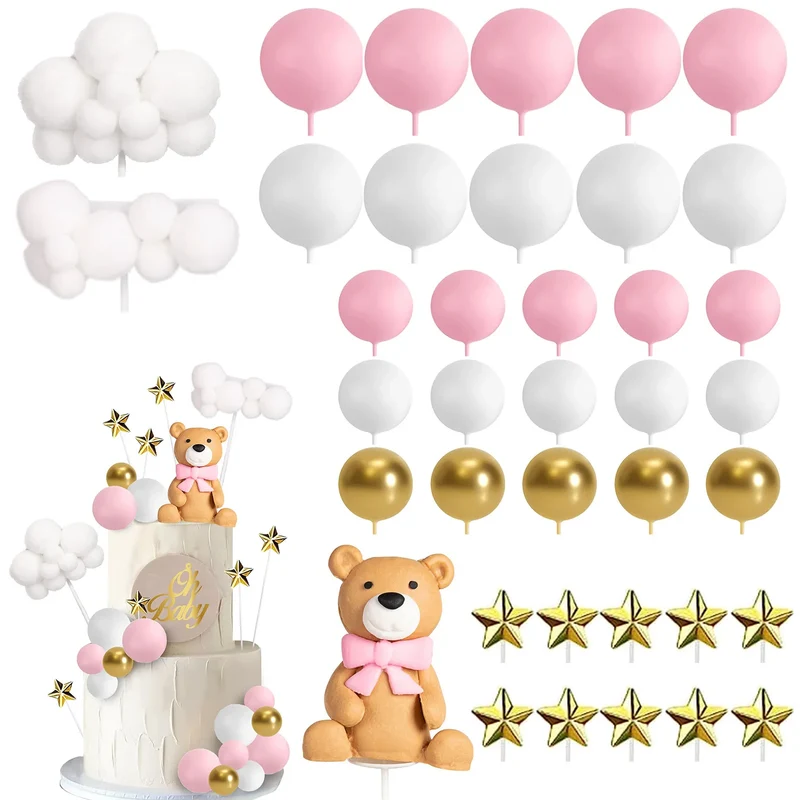 Teddy Bear Cake Topper Decorations Set, Bear Balls Cake Decoration for Boys and Girls Gender Reveal party Baby Shower Supplies