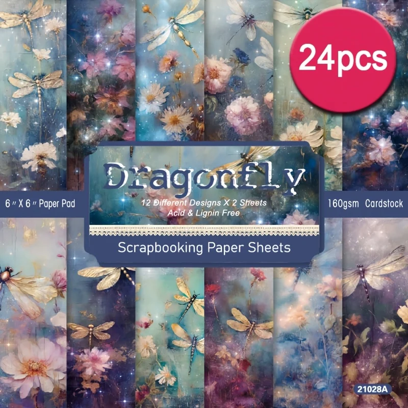 24pcs Dragonfly Wonderland Scrapbook Paper, 6x6 Inch, Single-Sided Aesthetic Decoupage Sheets for DIY Crafts, Journaling, Gift Wrapping & Album Art