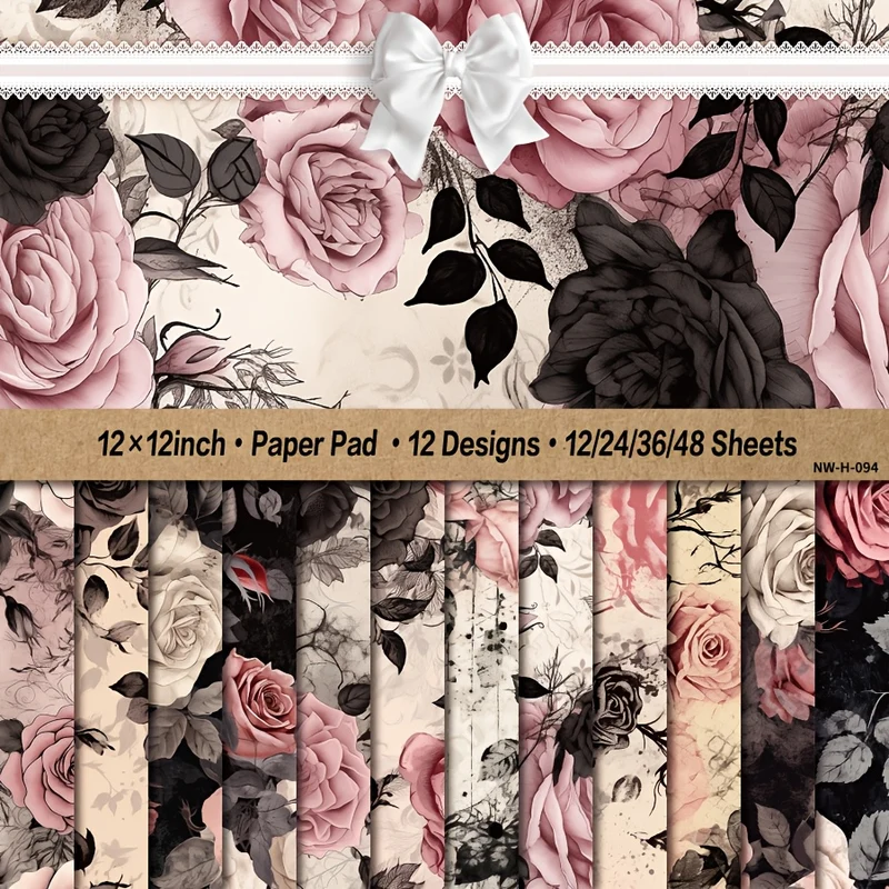 12x12 Inch Scrapbook Paper Pad - 12/24/36/48 Sheets, Pink and Black Floral Pattern Craft Cardstock, DIY Decorative Background for Card Making and Scrapbooking Supplies