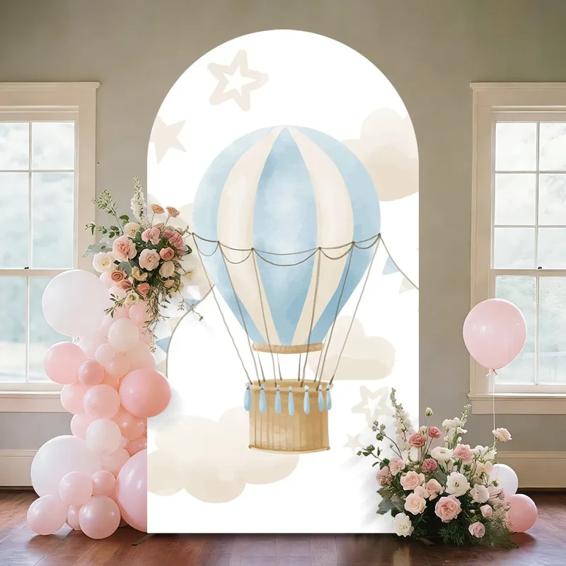Teddy Bear Kids 1st Birthday Arch Backdrop Blue Hot Air Balloon Baby Shower Decoration Arched Wall Covers Stretchy Background