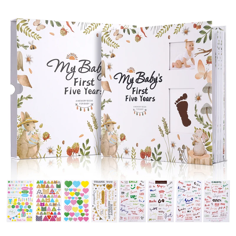 1pc Youngsters First Five Years Memory Book - 124 Pages, Paper Material, Rectangle Shape, Home Decor Scrapbook Album for Boys and Girls, Birth to 5 Years Diary with Photo & Milestone Cards